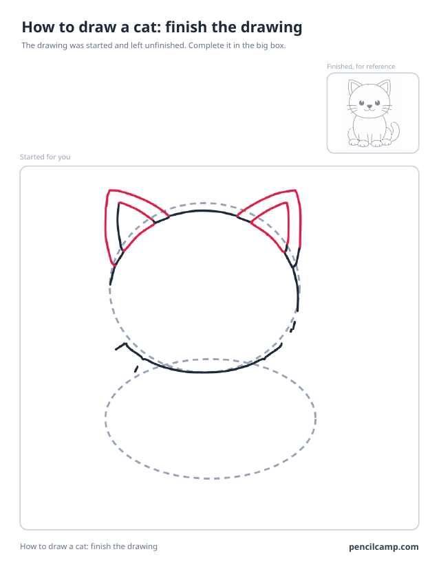 Finish the drawing worksheet: a sitting kitten stopped at stage 3 of 8 in a large box, the finished version small in the top right corner