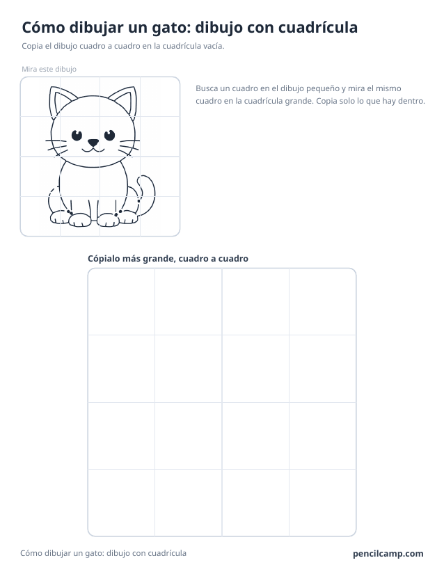 Ficha de cuadrícula: el dibujo de un gatito sentado bajo una cuadrícula de 4 por 4, en 14 de los 16 cuadros, y debajo una cuadrícula grande vacía