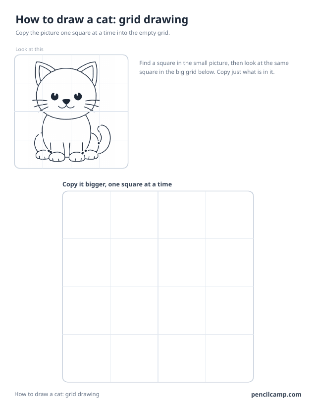 Grid drawing worksheet: a sitting kitten under a 4 by 4 grid, touching 14 of the 16 squares, above a larger empty grid