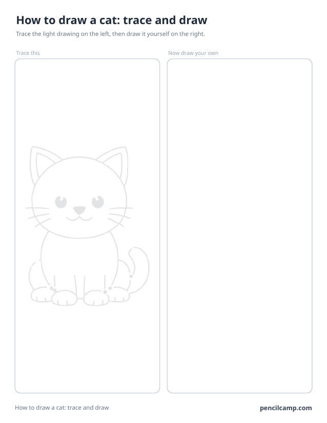 Trace and draw sheet: a sitting kitten printed in faint grey on the left, an empty box of the same size on the right
