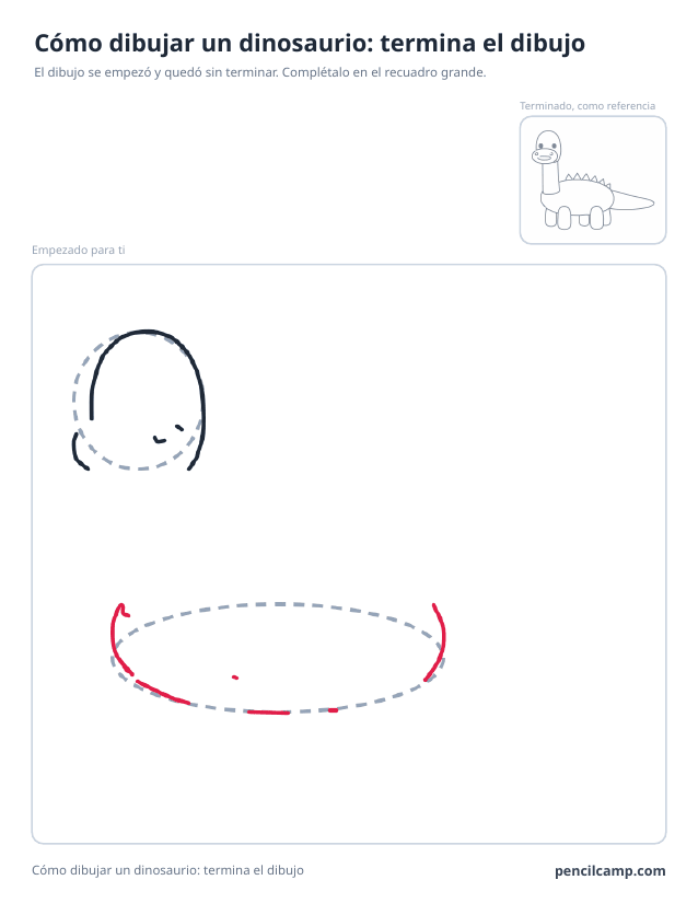 Ficha para terminar el dibujo: el dibujo de un dinosaurio de cuello largo parado en la fase 3 de 9 en un recuadro grande, con la versión terminada en pequeño arriba a la derecha