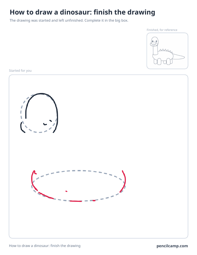 Finish the drawing worksheet: a long neck dinosaur stopped at stage 3 of 9 in a large box, the finished version small in the top right corner