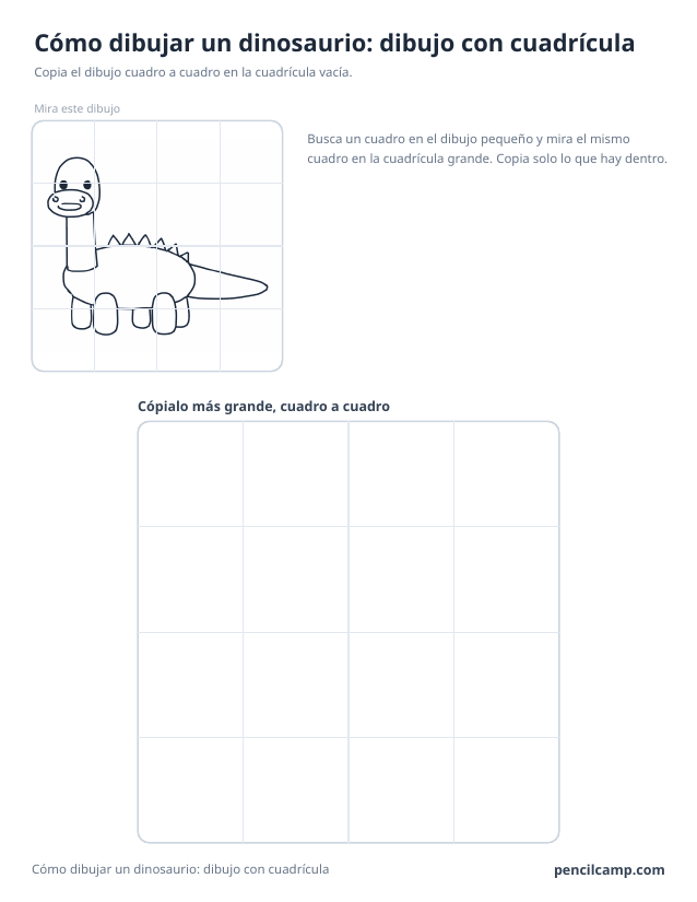 Ficha de cuadrícula: el dibujo de un dinosaurio de cuello largo bajo una cuadrícula de 4 por 4, en 12 de los 16 cuadros, y debajo una cuadrícula grande vacía