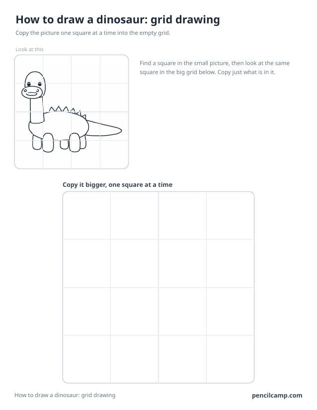 Grid drawing worksheet: a long neck dinosaur under a 4 by 4 grid, touching 12 of the 16 squares, above a larger empty grid