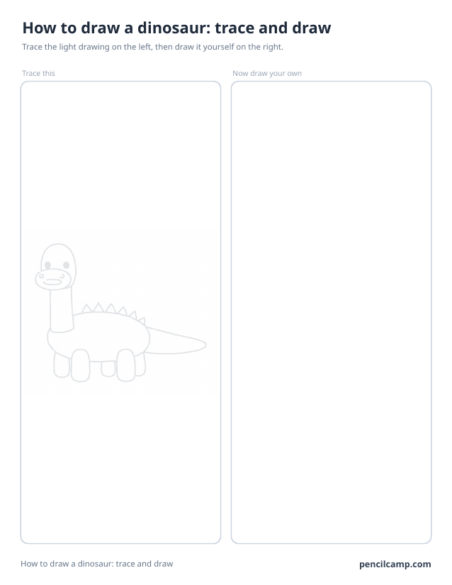 Trace and draw sheet: a long neck dinosaur printed in faint grey on the left, an empty box of the same size on the right