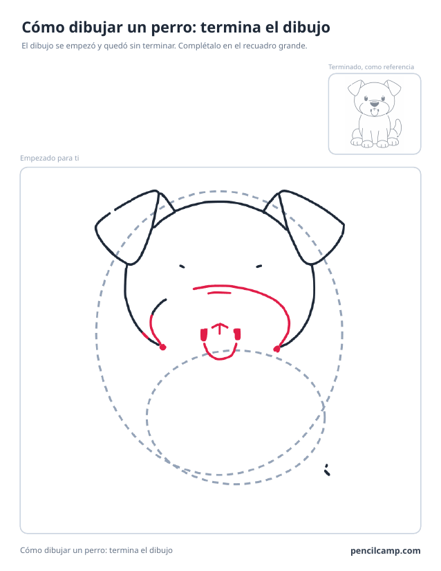 Ficha para terminar el dibujo: el dibujo de un cachorro sentado parado en la fase 4 de 10 en un recuadro grande, con la versión terminada en pequeño arriba a la derecha