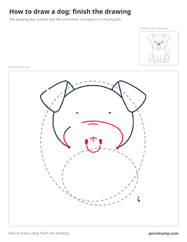 Finish the drawing worksheet: a sitting puppy stopped at stage 4 of 10 in a large box, the finished version small in the top right corner