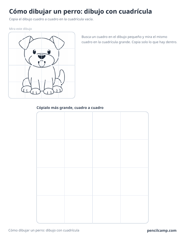 Ficha de cuadrícula: el dibujo de un cachorro sentado bajo una cuadrícula de 4 por 4, en 16 de los 16 cuadros, y debajo una cuadrícula grande vacía