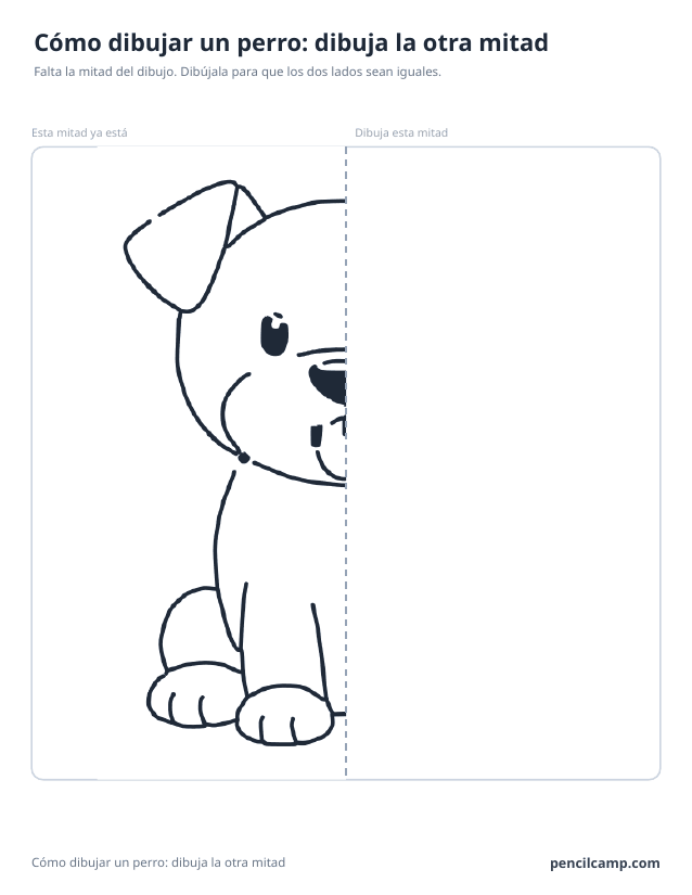 Ficha de simetría: la mitad izquierda del dibujo de un cachorro sentado junto a una línea de espejo discontinua y la mitad derecha en blanco