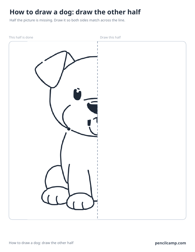 Symmetry worksheet: the left half of a sitting puppy beside a dashed mirror line, the right half left blank