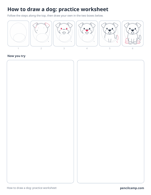 How to draw worksheet for a sitting puppy: six of its ten stages along the top, then two empty boxes to draw it in