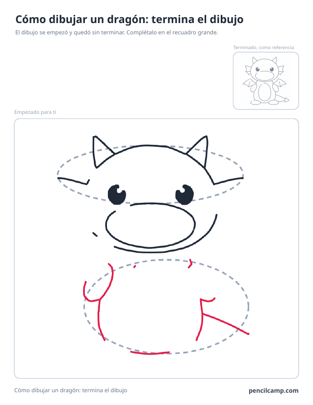 Ficha para terminar el dibujo: el dibujo de un dragoncito parado en la fase 4 de 10 en un recuadro grande, con la versión terminada en pequeño arriba a la derecha