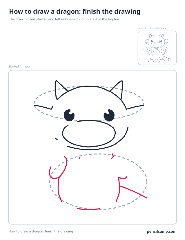 Finish the drawing worksheet: a little dragon stopped at stage 4 of 10 in a large box, the finished version small in the top right corner
