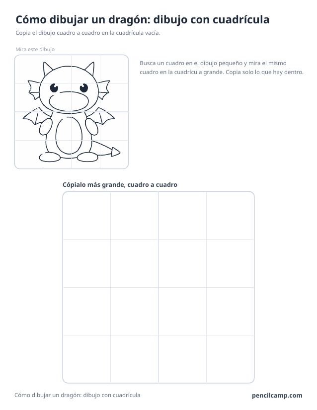 Ficha de cuadrícula: el dibujo de un dragoncito bajo una cuadrícula de 4 por 4, en 16 de los 16 cuadros, y debajo una cuadrícula grande vacía