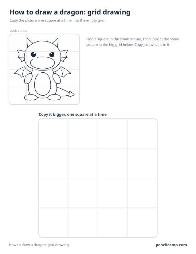 Grid drawing worksheet: a little dragon under a 4 by 4 grid, touching 16 of the 16 squares, above a larger empty grid