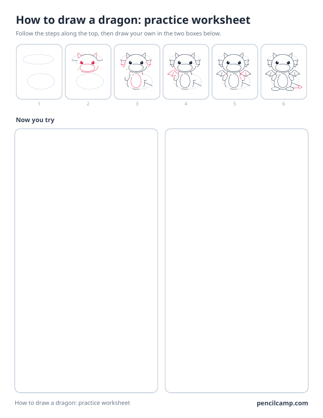 How to draw worksheet for a little dragon: six of its ten stages along the top, then two empty boxes to draw it in