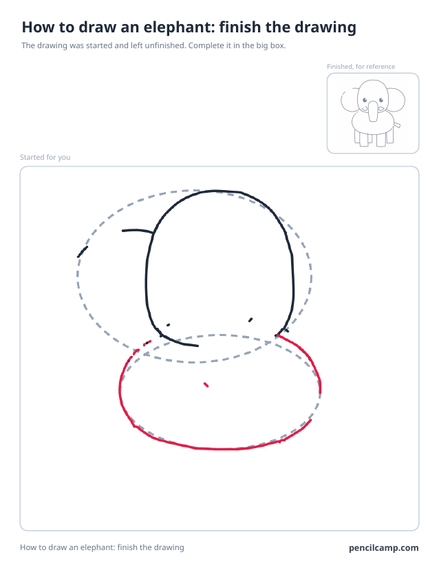 Finish the drawing worksheet: an elephant stopped at stage 3 of 8 in a large box, the finished version small in the top right corner