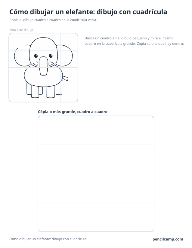 Ficha de cuadrícula: el dibujo de un elefante bajo una cuadrícula de 4 por 4, en 15 de los 16 cuadros, y debajo una cuadrícula grande vacía