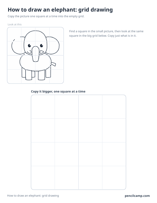 Grid drawing worksheet: an elephant under a 4 by 4 grid, touching 15 of the 16 squares, above a larger empty grid