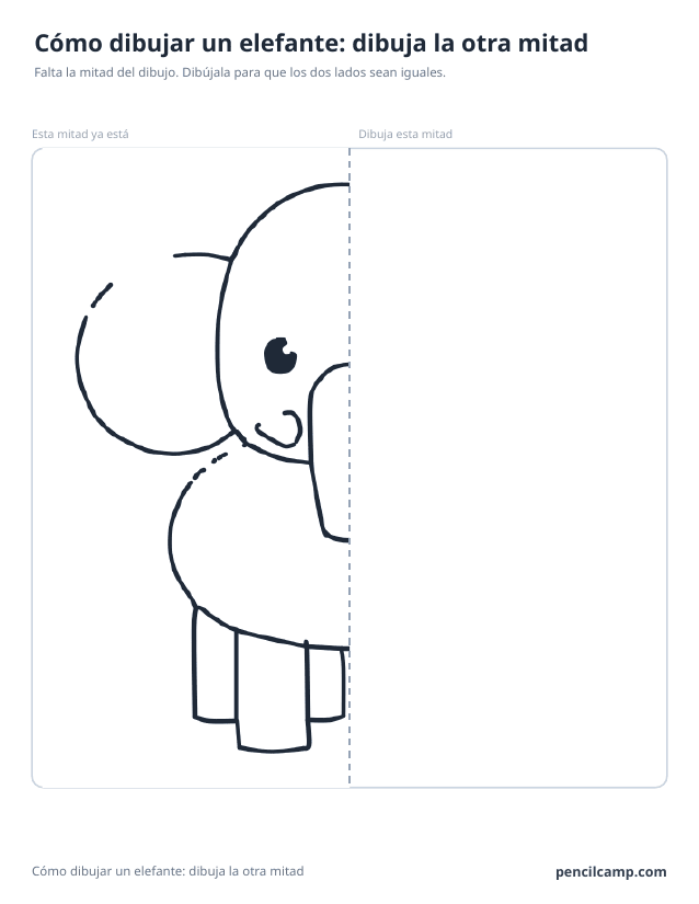 Ficha de simetría: la mitad izquierda del dibujo de un elefante junto a una línea de espejo discontinua y la mitad derecha en blanco