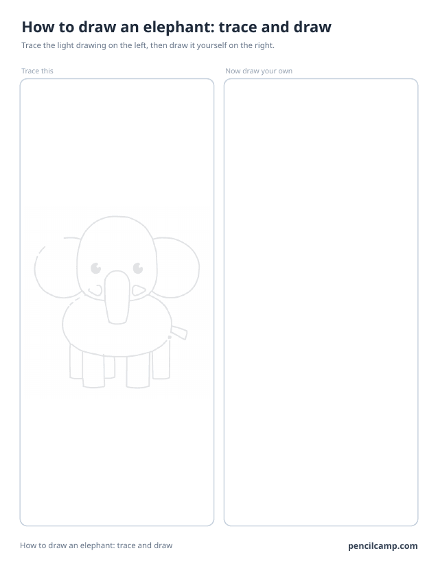 Trace and draw sheet: an elephant printed in faint grey on the left, an empty box of the same size on the right