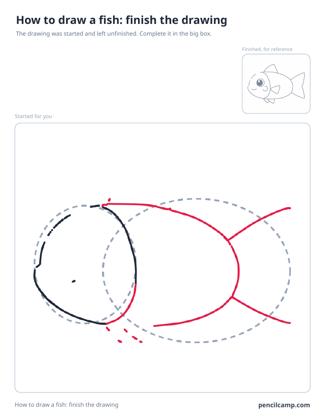 Finish the drawing worksheet: a fish stopped at stage 3 of 9 in a large box, the finished version small in the top right corner