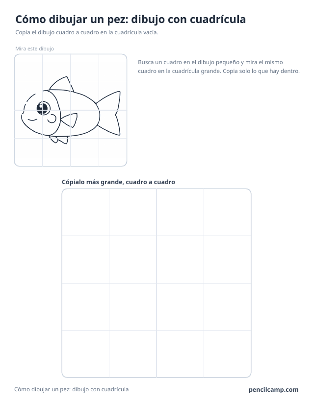 Ficha de cuadrícula: el dibujo de un pez bajo una cuadrícula de 4 por 4, en 10 de los 16 cuadros, y debajo una cuadrícula grande vacía