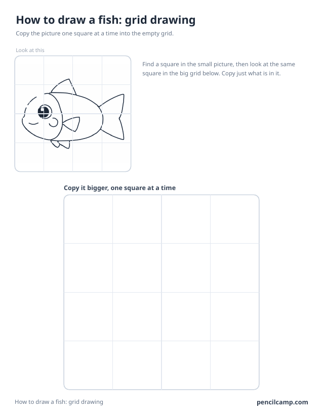Grid drawing worksheet: a fish under a 4 by 4 grid, touching 10 of the 16 squares, above a larger empty grid