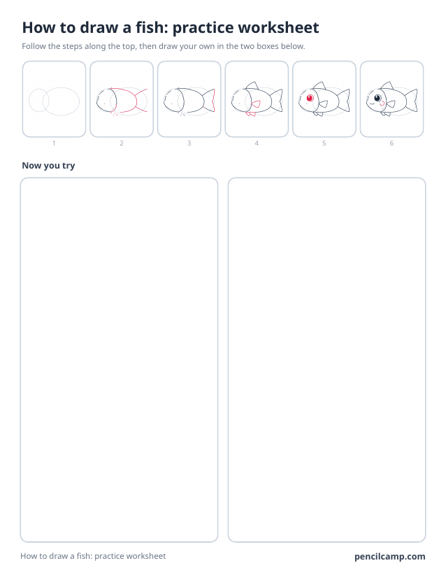How to draw worksheet for a fish: six of its nine stages along the top, then two empty boxes to draw it in