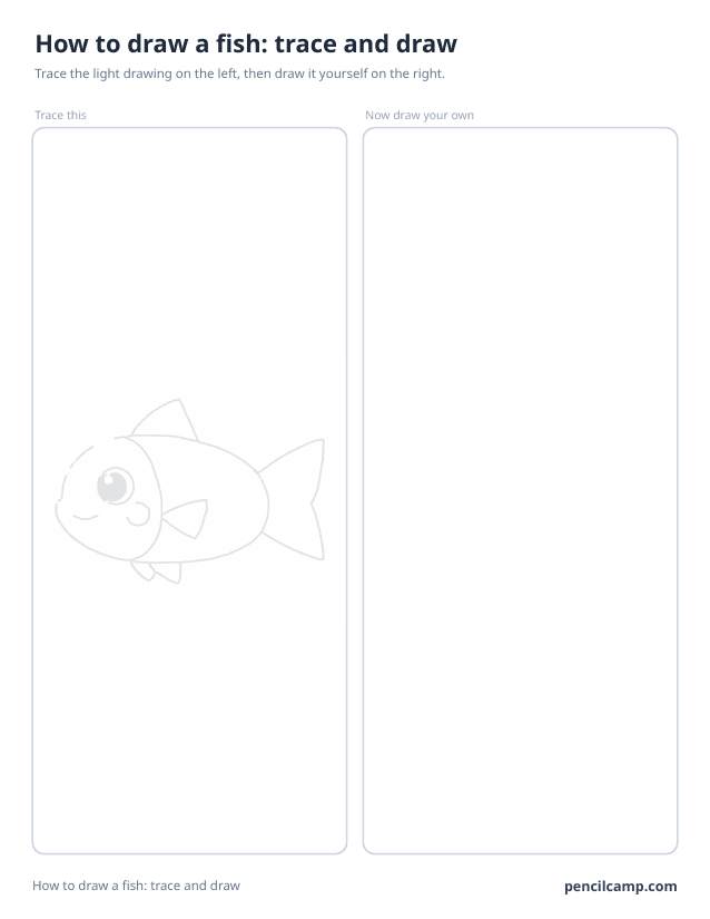 Trace and draw sheet: a fish printed in faint grey on the left, an empty box of the same size on the right