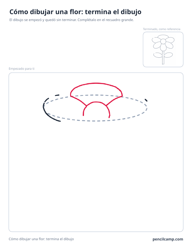 Ficha para terminar el dibujo: el dibujo de una flor de seis pétalos parado en la fase 3 de 8 en un recuadro grande, con la versión terminada en pequeño arriba a la derecha