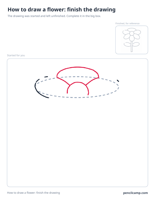 Finish the drawing worksheet: a flower with six petals stopped at stage 3 of 8 in a large box, the finished version small in the top right corner