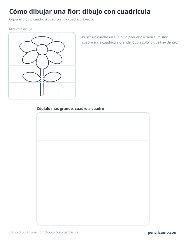 Ficha de cuadrícula: el dibujo de una flor de seis pétalos bajo una cuadrícula de 4 por 4, en 14 de los 16 cuadros, y debajo una cuadrícula grande vacía