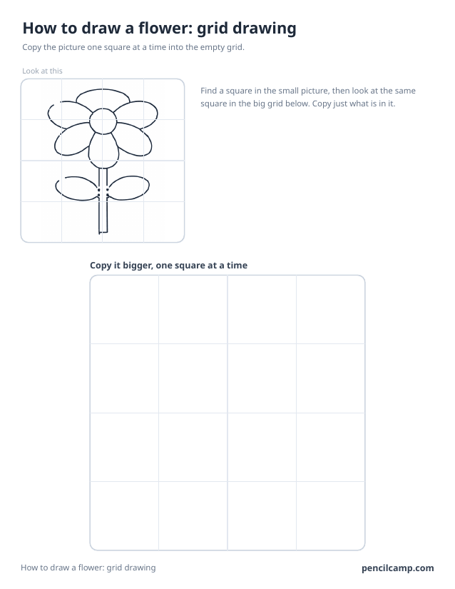 Grid drawing worksheet: a flower with six petals under a 4 by 4 grid, touching 14 of the 16 squares, above a larger empty grid
