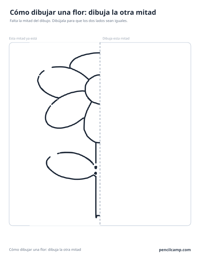 Ficha de simetría: la mitad izquierda del dibujo de una flor de seis pétalos junto a una línea de espejo discontinua y la mitad derecha en blanco