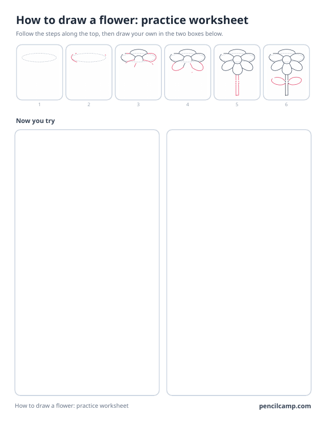 How to draw worksheet for a flower with six petals: six of its eight stages along the top, then two empty boxes to draw it in