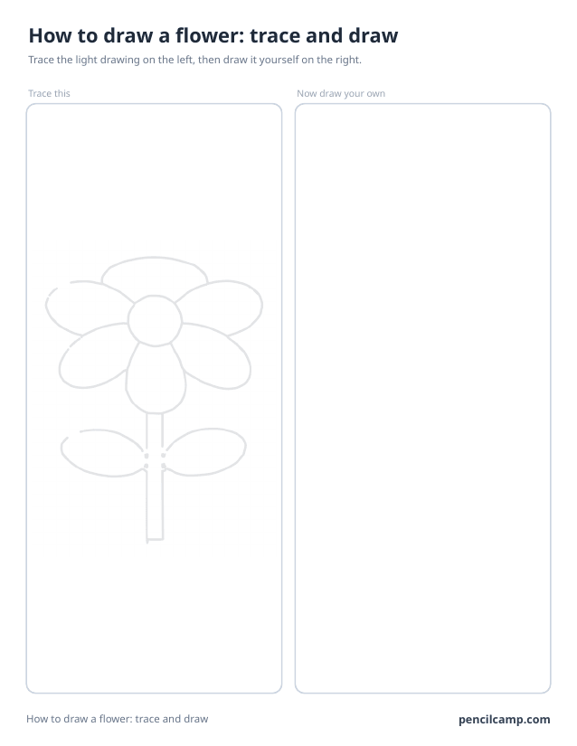 Trace and draw sheet: a flower with six petals printed in faint grey on the left, an empty box of the same size on the right