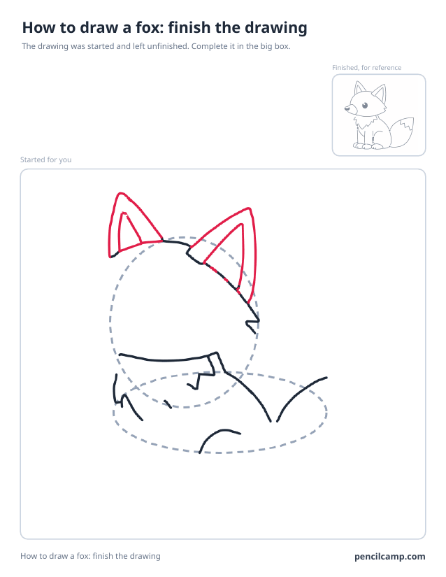 Finish the drawing worksheet: a sitting fox stopped at stage 4 of 10 in a large box, the finished version small in the top right corner