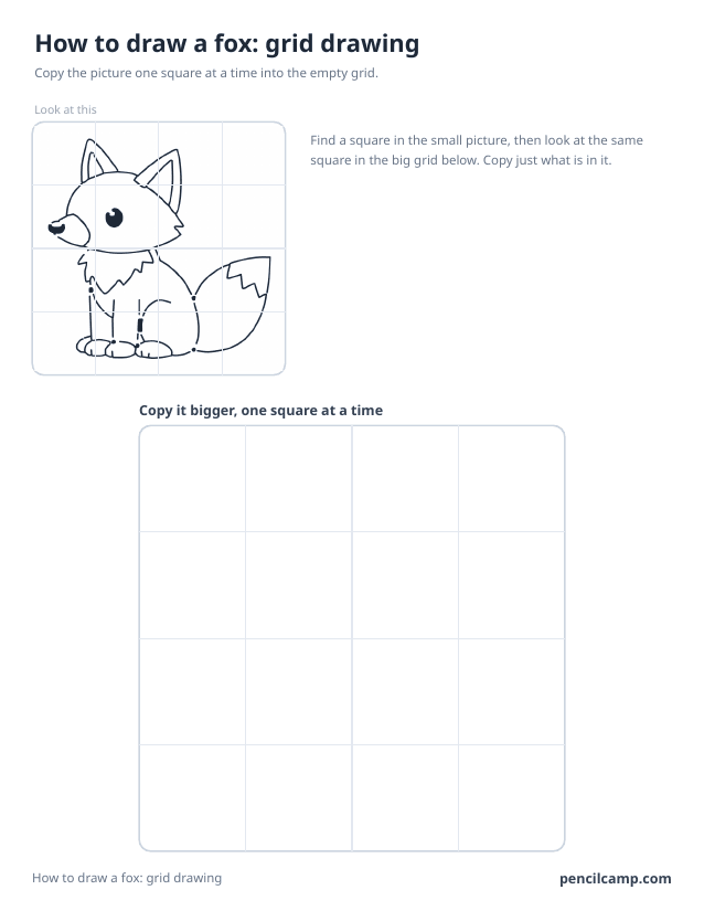 Grid drawing worksheet: a sitting fox under a 4 by 4 grid, touching 14 of the 16 squares, above a larger empty grid