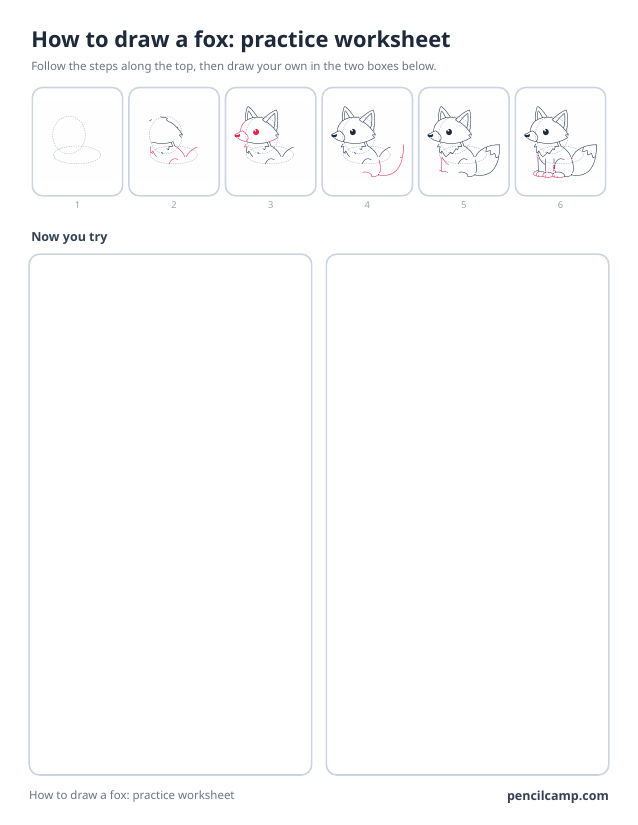 How to draw worksheet for a sitting fox: six of its ten stages along the top, then two empty boxes to draw it in