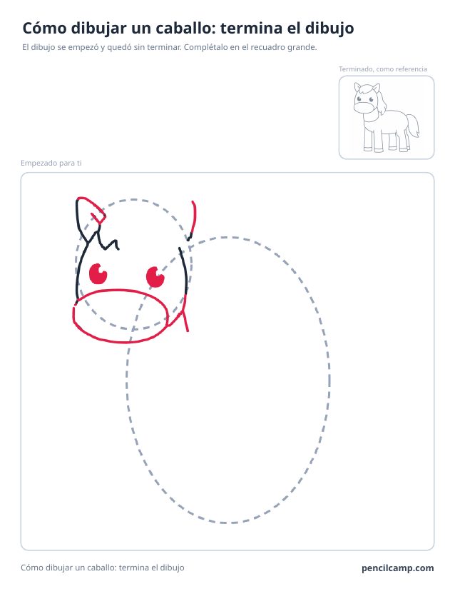 Ficha para terminar el dibujo: el dibujo de un poni de perfil parado en la fase 3 de 8 en un recuadro grande, con la versión terminada en pequeño arriba a la derecha