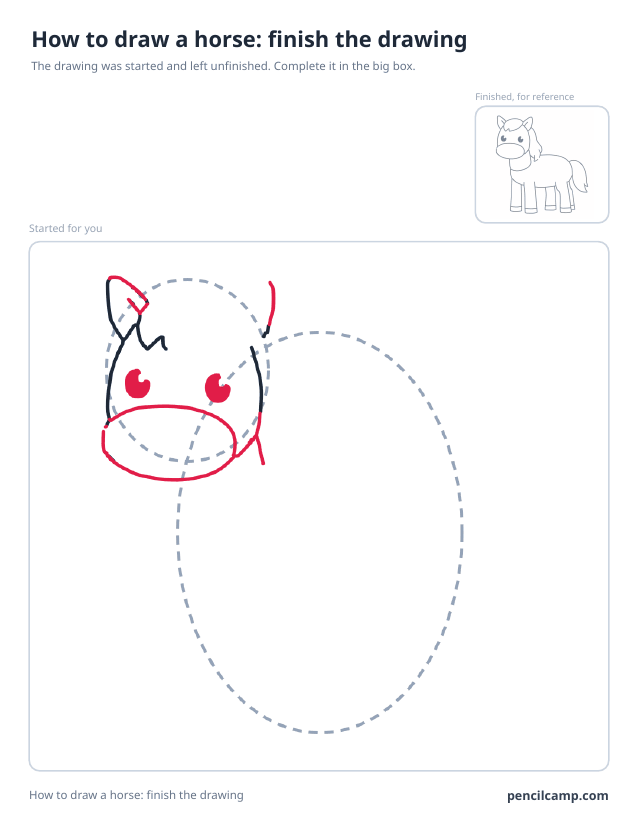Finish the drawing worksheet: a pony standing side on stopped at stage 3 of 8 in a large box, the finished version small in the top right corner