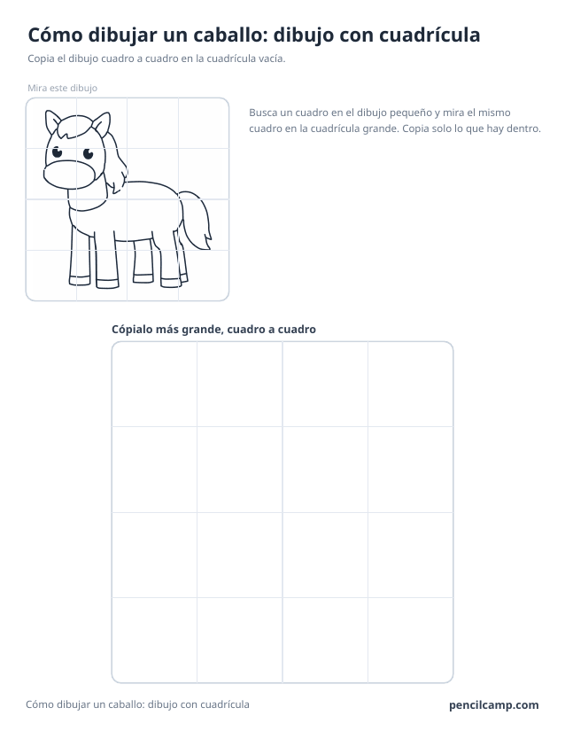 Ficha de cuadrícula: el dibujo de un poni de perfil bajo una cuadrícula de 4 por 4, en 14 de los 16 cuadros, y debajo una cuadrícula grande vacía