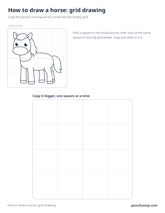 Grid drawing worksheet: a pony standing side on under a 4 by 4 grid, touching 14 of the 16 squares, above a larger empty grid
