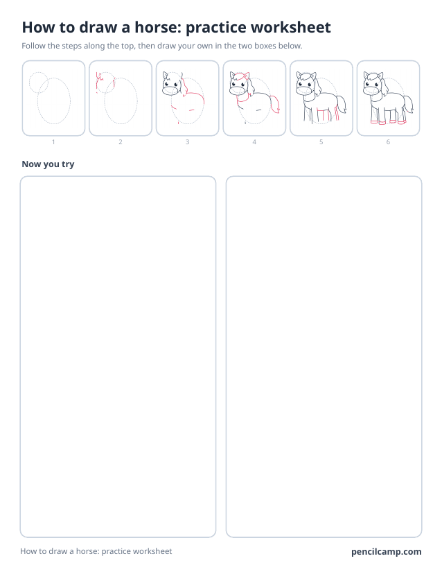 How to draw worksheet for a pony standing side on: six of its eight stages along the top, then two empty boxes to draw it in