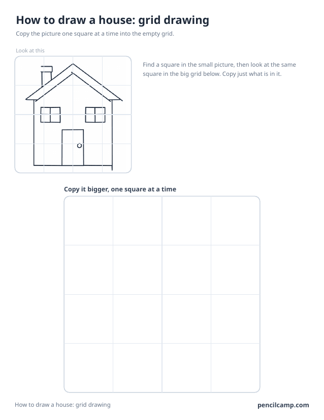 Grid drawing worksheet: a house under a 4 by 4 grid, touching 15 of the 16 squares, above a larger empty grid