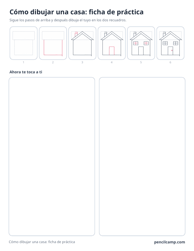 Ficha de pasos de una casa: seis de sus ocho fases en la parte de arriba y dos recuadros vacíos para practicar