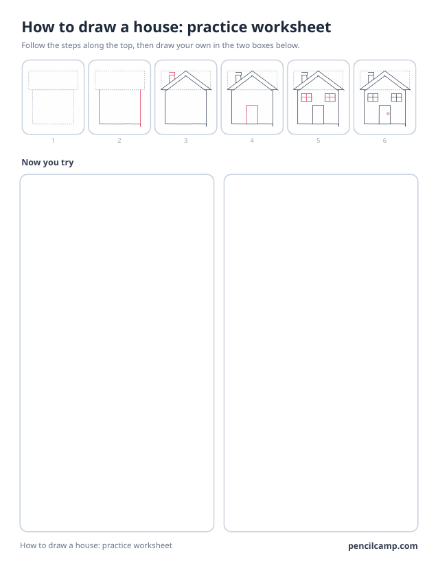 How to draw worksheet for a house: six of its eight stages along the top, then two empty boxes to draw it in