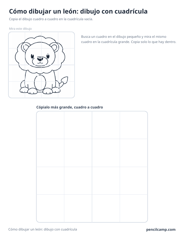 Ficha de cuadrícula: el dibujo de un cachorro de león bajo una cuadrícula de 4 por 4, en 16 de los 16 cuadros, y debajo una cuadrícula grande vacía
