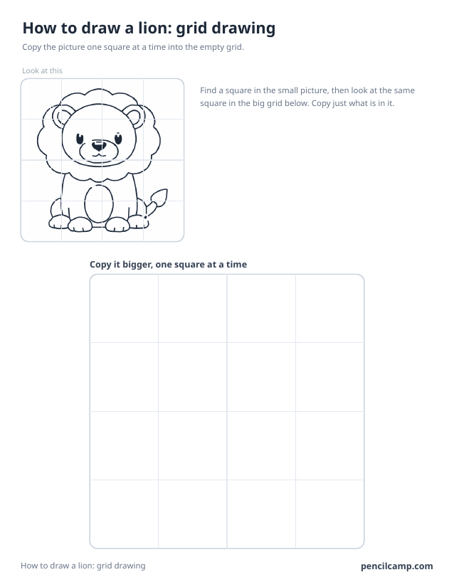 Grid drawing worksheet: a lion cub under a 4 by 4 grid, touching 16 of the 16 squares, above a larger empty grid